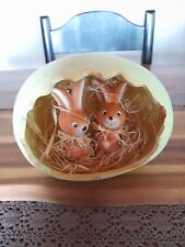 Keramik Ton  Ei mit 2 Hasen im Osternest Osterkorb Osterdeko