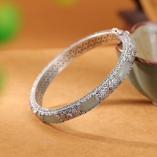 F02 Armreif zum Öffnen helle Jade Blüten auf blauem Grund Sterling Silber 925