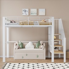 Hochbett Stabile Metallbett Kinderbett 140x200 cm Stockbett mit Treppen, Weiß