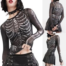Damen Langarmshirt Gothic Oberteil Skelett Druck Durchsichtige Mesh Shirt Bluse