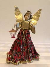 Vintage Alter Rauschgoldengel Wachs Gesicht-Hände, Rot/Gold mit Bordüre und Brok