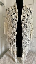 Dreiecktuch Stola Schal Wolle Handarbeit gehäkelt Wollweiß, Ivory 80 x 200 cm