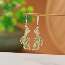 N02 Ohrringe Fantasievogel Phönix Tropfen grüne Jade teils vergoldet Silber 925