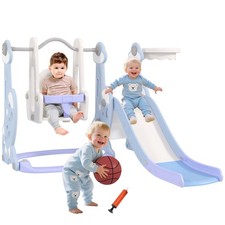 Rutsche 4-in-1 Kinderrutsche mit Schaukel Basketballkorb Klettergerüst Hellblau