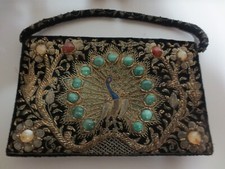 Damen Abendtasche schwarzer Samt Silberfaden Stickereien, bunte Halbedelsteine