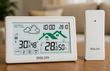 BALDR Wetterstation Funk mit Außensensor LCD Thermometer Hygrometer DCF Uhr Weiß