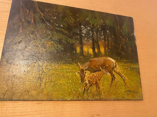 ölgemälde reh mit rehkitz - reh,