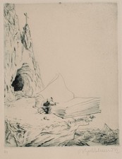 Bruno Goldschmitt Lesender Eremit Berg Kreuz signiert Radierung Anfang 20 Jhd