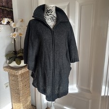 365 Sunshine Strick Poncho Wolle Alpaka Grau Gr M Kragen Reißverschluss Cape