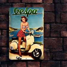 Blechschild Vespa Pin Up Girl auf Roller Vintage Metallschild TEL2330