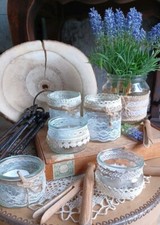 Hochzeits-Set - 6 x Vasen/Teelichthalter mit Spitze - Vintage - Set 9