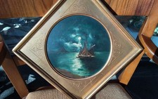 Segelschiff Ölgemälde rund auf Pressholz im Gold- Rahmen 28 cm