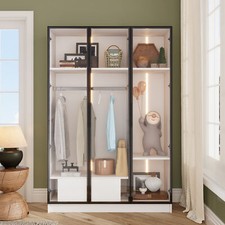 Kleiderschrank mit Glastüren Garderobenschrank LED-Licht Glasvitrine, Schublade