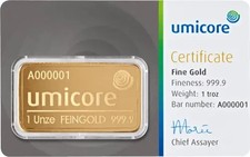 Goldbarren 1 Oz  999.9  Gold  UMICORE in OVP Blister