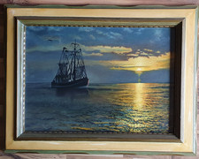 Segelschiff Ölgemälde auf Pressholz Rahmen Holz, Breit 78,2 cm Höhe 60,0 cm