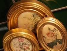 3 antik Bilder italienisch Seide Seidenbilder oval Gold Rahmen floral H 15-20 cm