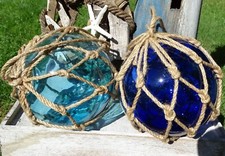 Deko Glas-Kugel Ø=12,0 cm mit Tau maritim türkis/d-blau Fischerkugel Glaskugel