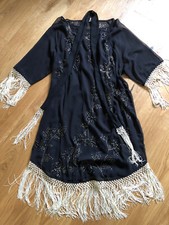 UTERQÜE CHIFFON KLEID - Abendkleid, schwarz, bestickt, Lurex, Fransen, Gr. M