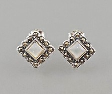 9916407 925er Silber Ohrringe Perlmutt Markasiten Quadrat 1x1cm