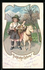 Lithographie Fröhliche Ostern!, Osterlamm trägt einen Korb voller Ostereier, ju 