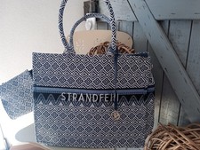 Original Damen Strandfein Tasche Totebag Blau Weiß Ethno Neu mit kl. Kosmetikt.