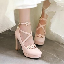 Gr37 Mary Jane Plateau High Heels Pumps Blockabsatz Riemchen Süße Schuhe