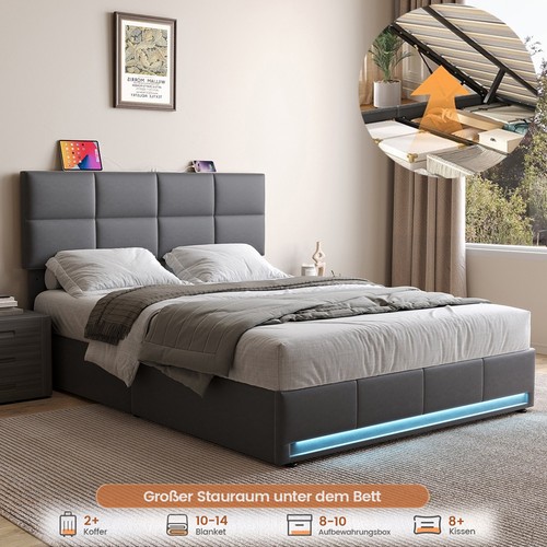 Polsterbett mit led 160x200cm - polsterbett,