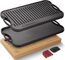 OVERMONT Grillplatte Gusseisen Wendeplatte 43x25cm fuer Gasgrill Herd Backofen
