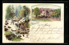 Lithographie Hasserode, Hotel Hohnstein mit Nebengebäuden, Steinerne Renne bei  