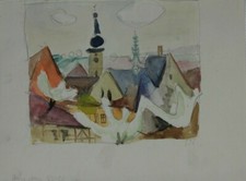  Gerda Henning Tusche Aquarell Dorf mit Kirche Monogramm Nachlass
