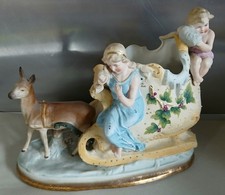 uraltes Bisquit-Porzellan Figuren Schlitten Engel Reh 3098