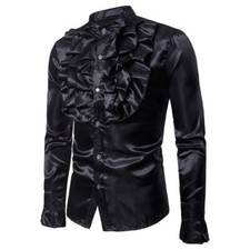 Herren Satin Hemd Bluse Glänzend Lack-Optik Rüschen Top Showman Kostüm Tanz