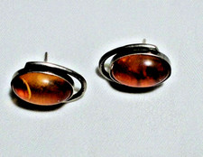 C67 vintage Bernstein Ohrstecker 925 Silber  ovale Cabochon Bernsteine