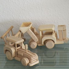 Bulldozer Bagger Traktor mit Hänger Anhänger GROSS Auto Modell Holz NEU