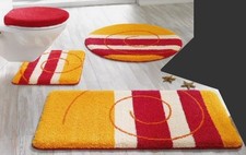 BADEMATTE gelb-wollweiss-rot-orange 2tlg. BAD-GARNITUR ~ BADEMATTE rund NEU