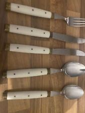 Vintage 70er Bistrobesteck 2 Esslöffel, 2 Messer, 2 Gabeln weißer Plastikgriff