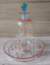 RAR Schönes altes Glas Likör Set Karaffe Gläser Tablett "bunte Punkte" 50er J.