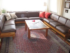 Leder-Sitzgarnitur aus Teakholz massiv mit passendem Teak-Couchtisch -Topzustand