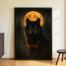 Digitales Poster Schwarzer Wolf & Vollmond – Mystische Tierkunst – JPEG 300dpi