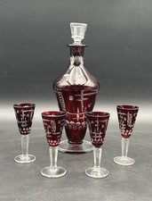 Hübsche Karaffe Glaskaraffe Bleikristall Mit 4x Gläser Überfang rubinrot #KA143