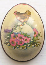 Ostern Blechdose Ei Automat. Lithographie Henne, Frühlings Blumen, Katzenweide