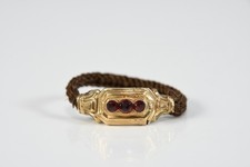 N92H11- Biedermeier Andenken Gold 585 14kt Ring Haarring mit Granaten 19.Jh