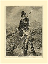 DER ANGLER GEFANGEN FISCH KESCHER FORELLE HOLZSTICH L53