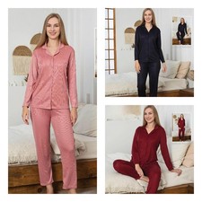 Damen Pyjama Schlafanzug Lang Baumwolle mit Knöpfen 2 Teiler Warm L-47