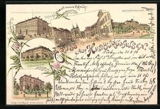 Lithographie Hildburghausen, Landesirrenanstalt, Gymnasium, Technikum, Schlossk 