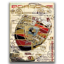 Canvas Wandbild - Porsche Wappen & Konstruktionszeichnungen | 80x60 cm auf Holzr
