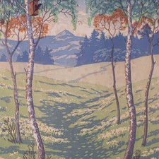Jugendstil Farbholzschnitt Frühlingstag Berglandschaft Karl Johne signiert 20 Jh