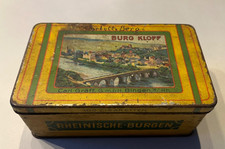Alt Blechdose Tabak Leer Carl Gräff Cigaretten Bingen am Rhein Burg Klopp 13x7cm