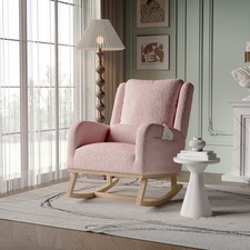 Schaukelstuhl Relaxsessel Weiß Gepolsterter Stillstuhl mit-Holzbeinen Teddy Samt