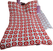 Häkeldecke rot weiß Granny Square Kuscheldecke Wolldecke Bettüberwurf  Neu TOP